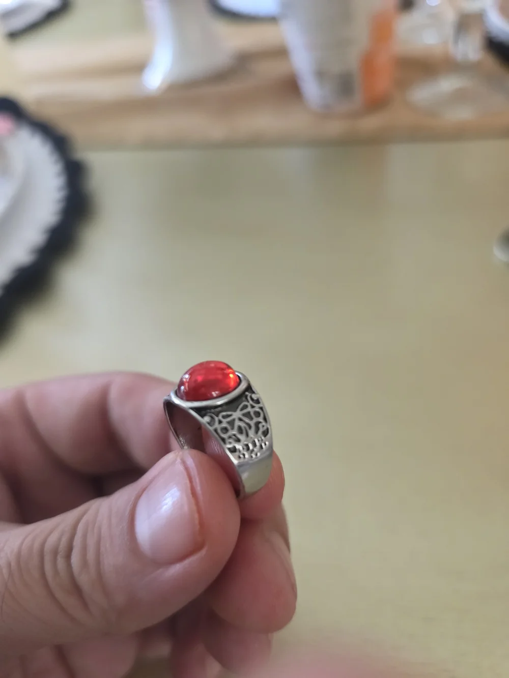 Silver Ring with Red Cabochon Gemstone